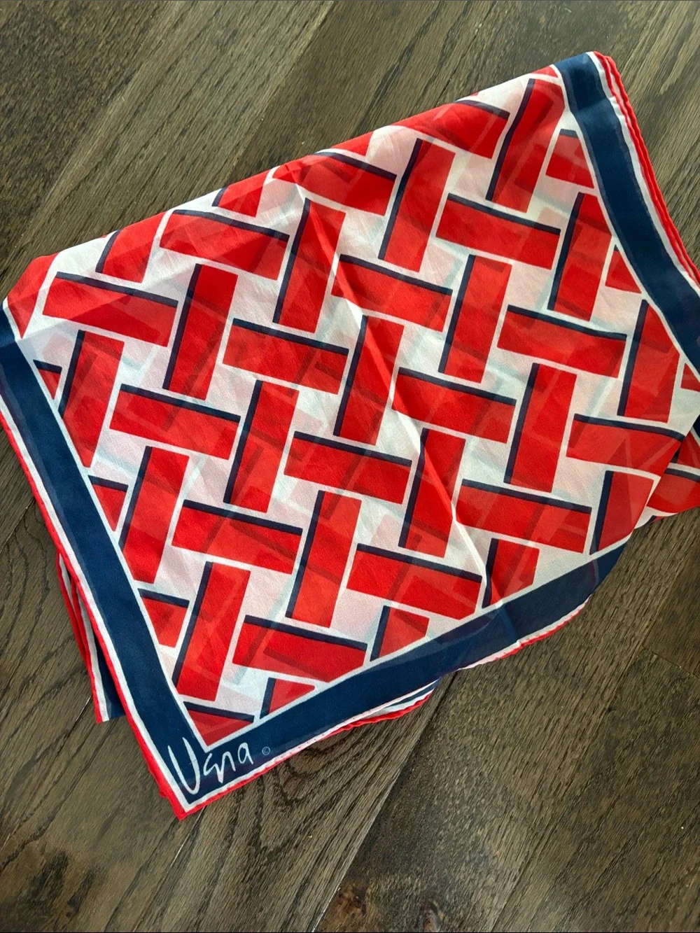 Vintage Vera silk blend? scarf, 15x44”, red/white/blue woven pattern